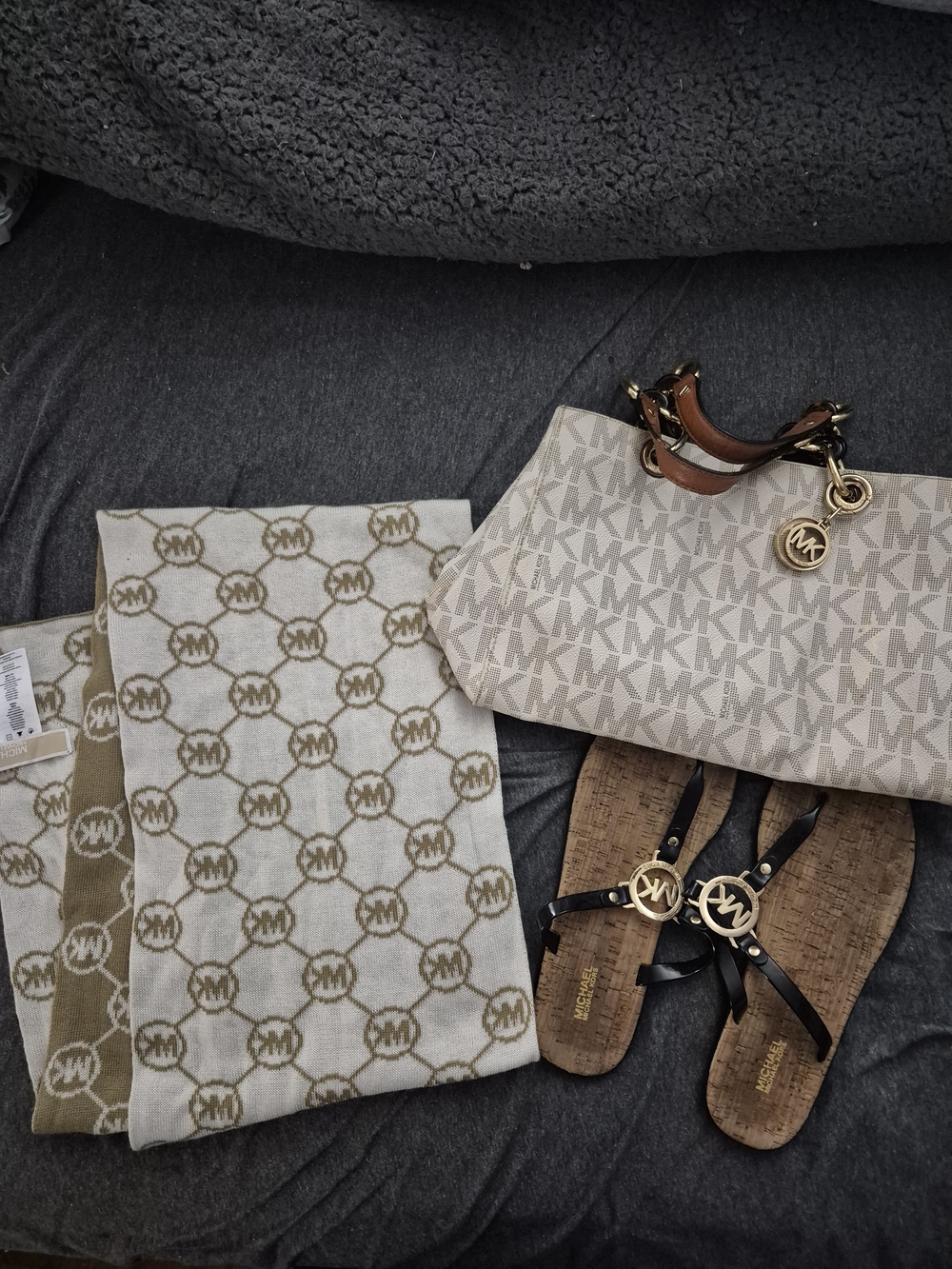 Michael Kors Beige MK Monogram Tote with Matching Scarf & Sandals